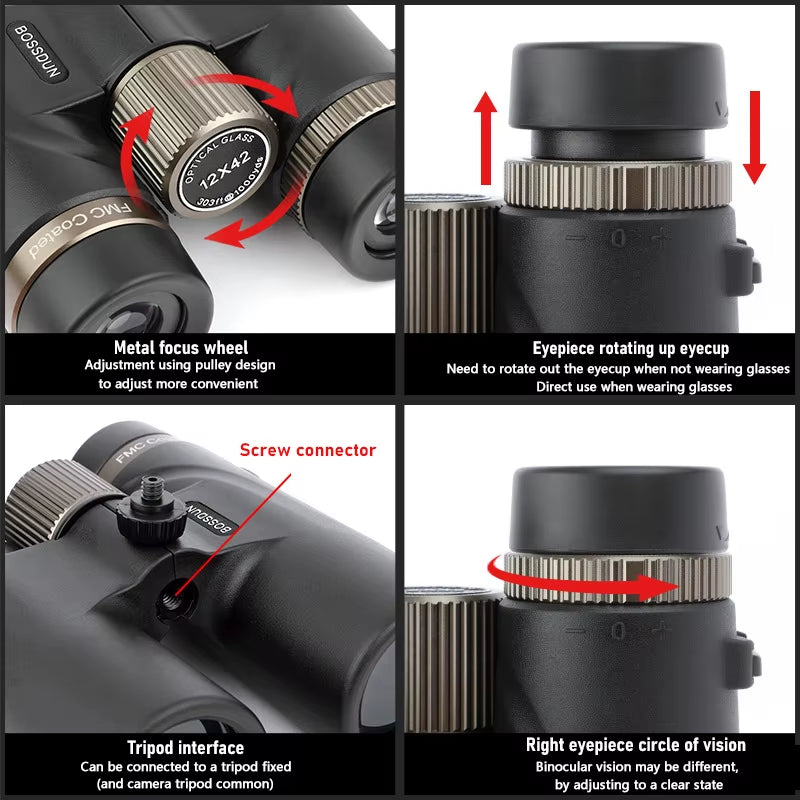 12X42 Binoculars Professional ED Lens Telescope Powerful Long Range BAK4 Prism for Hunting Outdoor Camping IPX7 Waterproof