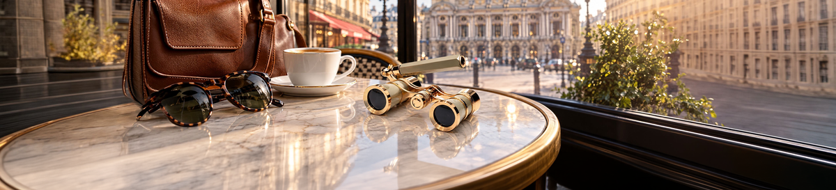 Gold opera binoculars on a café table facing the Paris Opera House