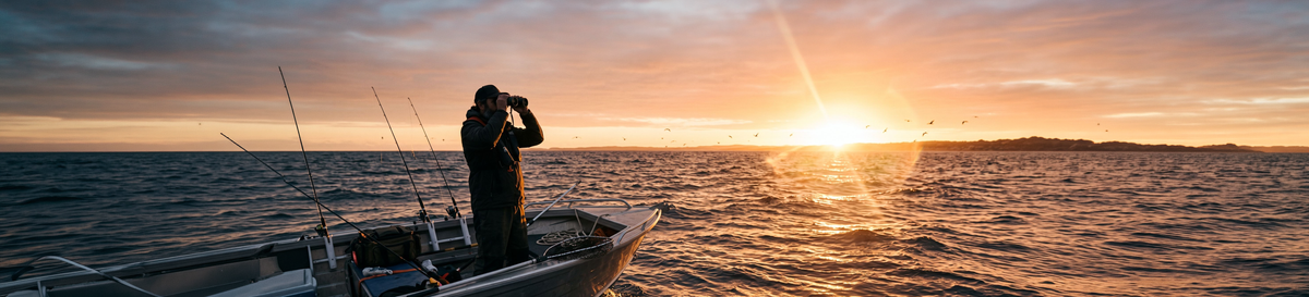 Fisherman using binoculars on a boat at sunset