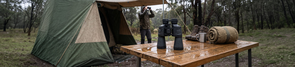 Waterproof binoculars beaded with rain on a wet camp table beside a tent in the Australian bush