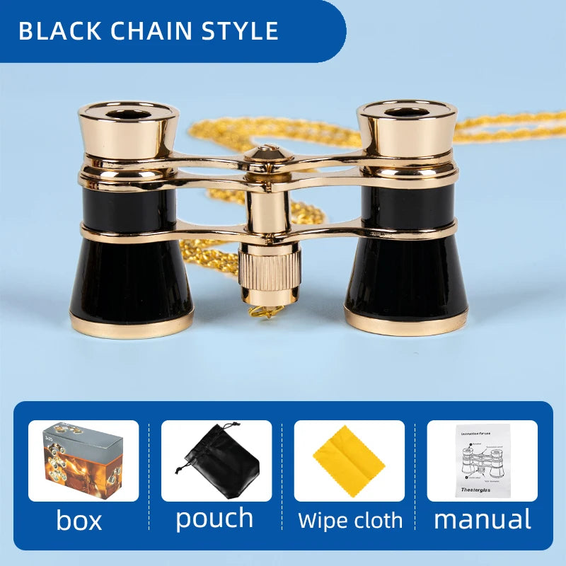 Portable Binoculars 3X25 Metal Opera Theater Glasses Mini Binocular Compact with Chain /Handle for Stage Concert Camping