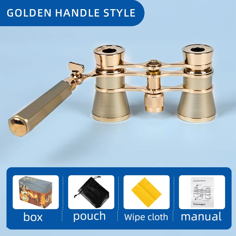 Portable Binoculars 3X25 Metal Opera Theater Glasses Mini Binocular Compact with Chain /Handle for Stage Concert Camping