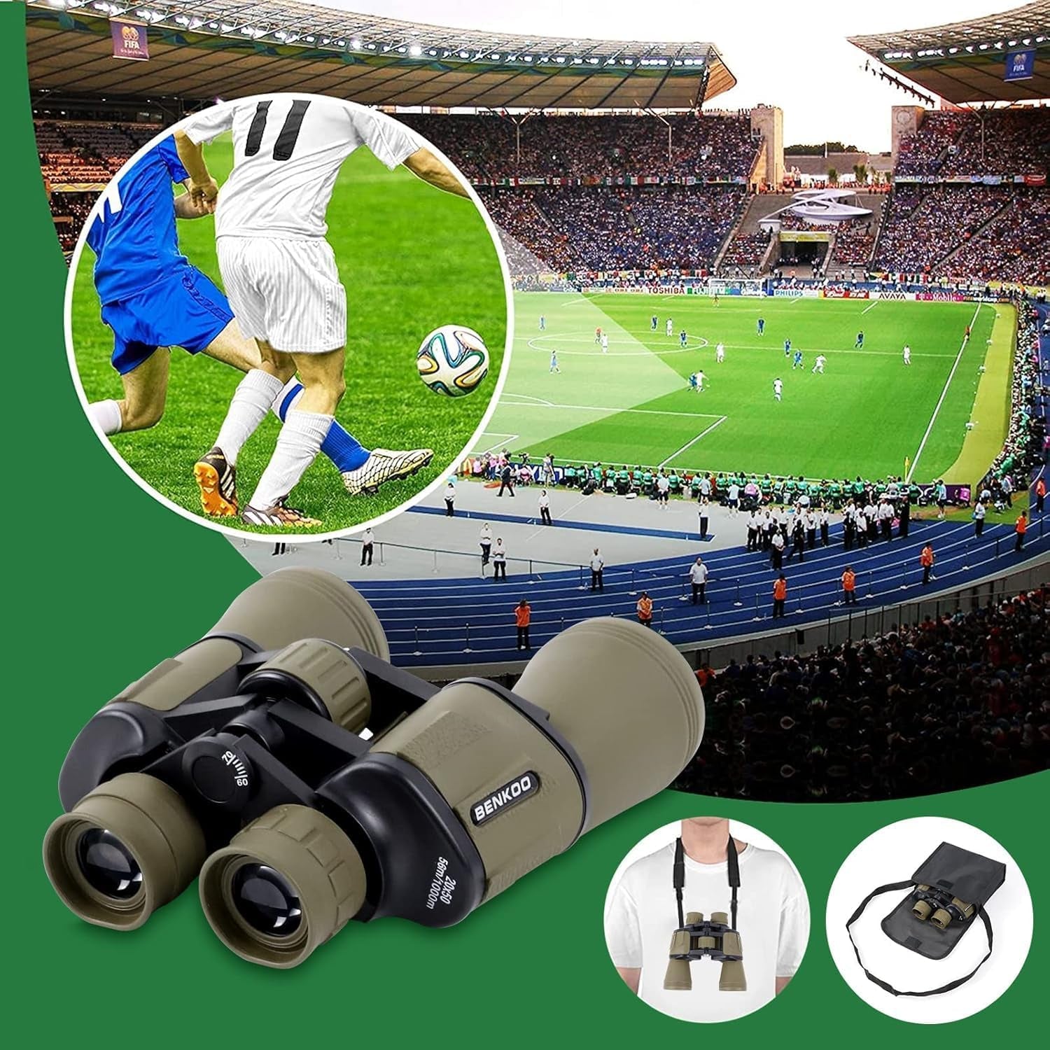 20X50 High Power Binoculars for Adults, HD Waterproof Binoculars with BAK4 Prism & FMC Lens,Portable Binocular Bird Watching Hunting Football Games Cruise with Carrying Bag,Strap,Phone Adapter-Green