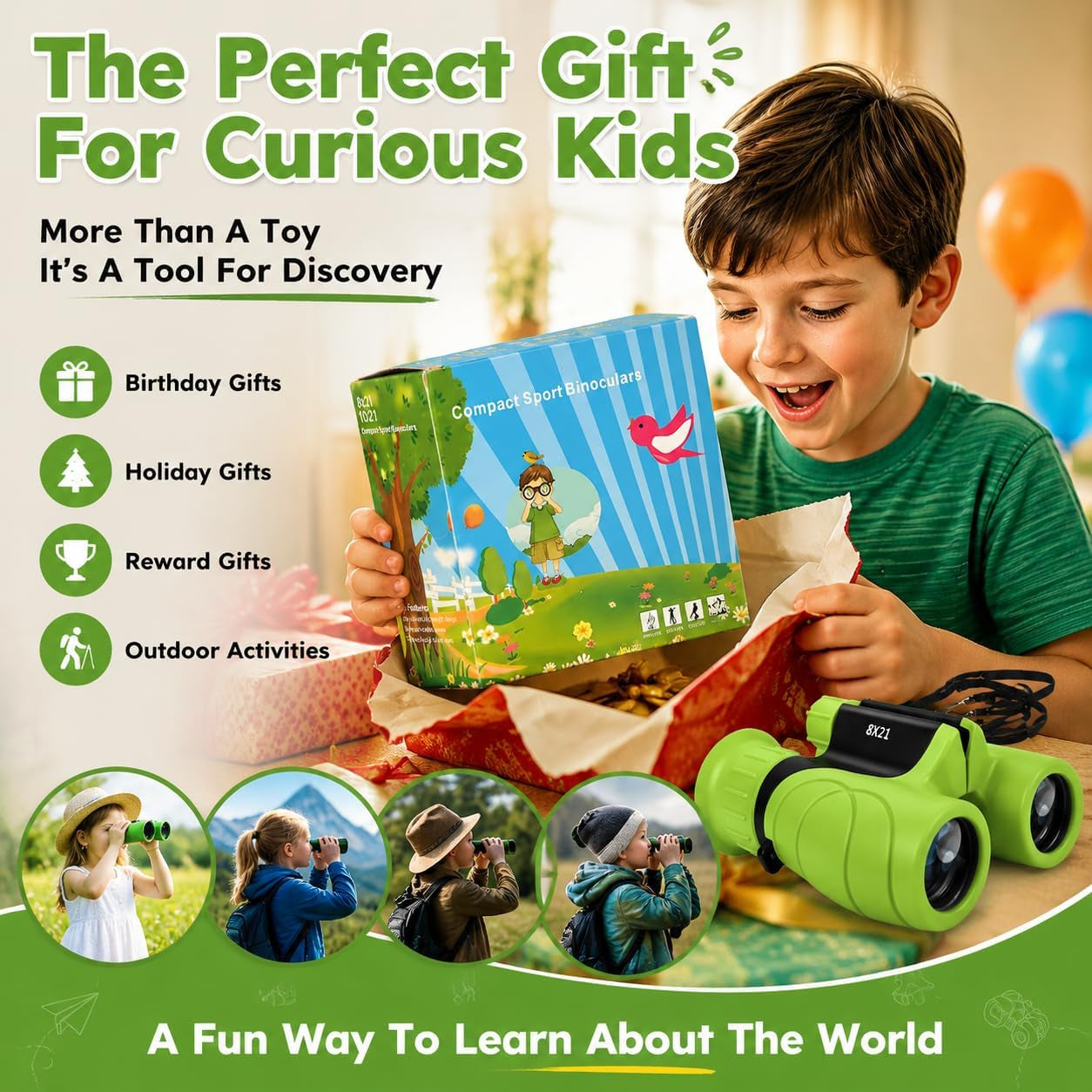 Kids Binoculars,Shockproof 8 X 21 High Resolution Compact Kids Binoculars Real for Boys and Girls,Perfect for Bird Watching, Hiking,Camping,Travel, Christmas Birthday Gift