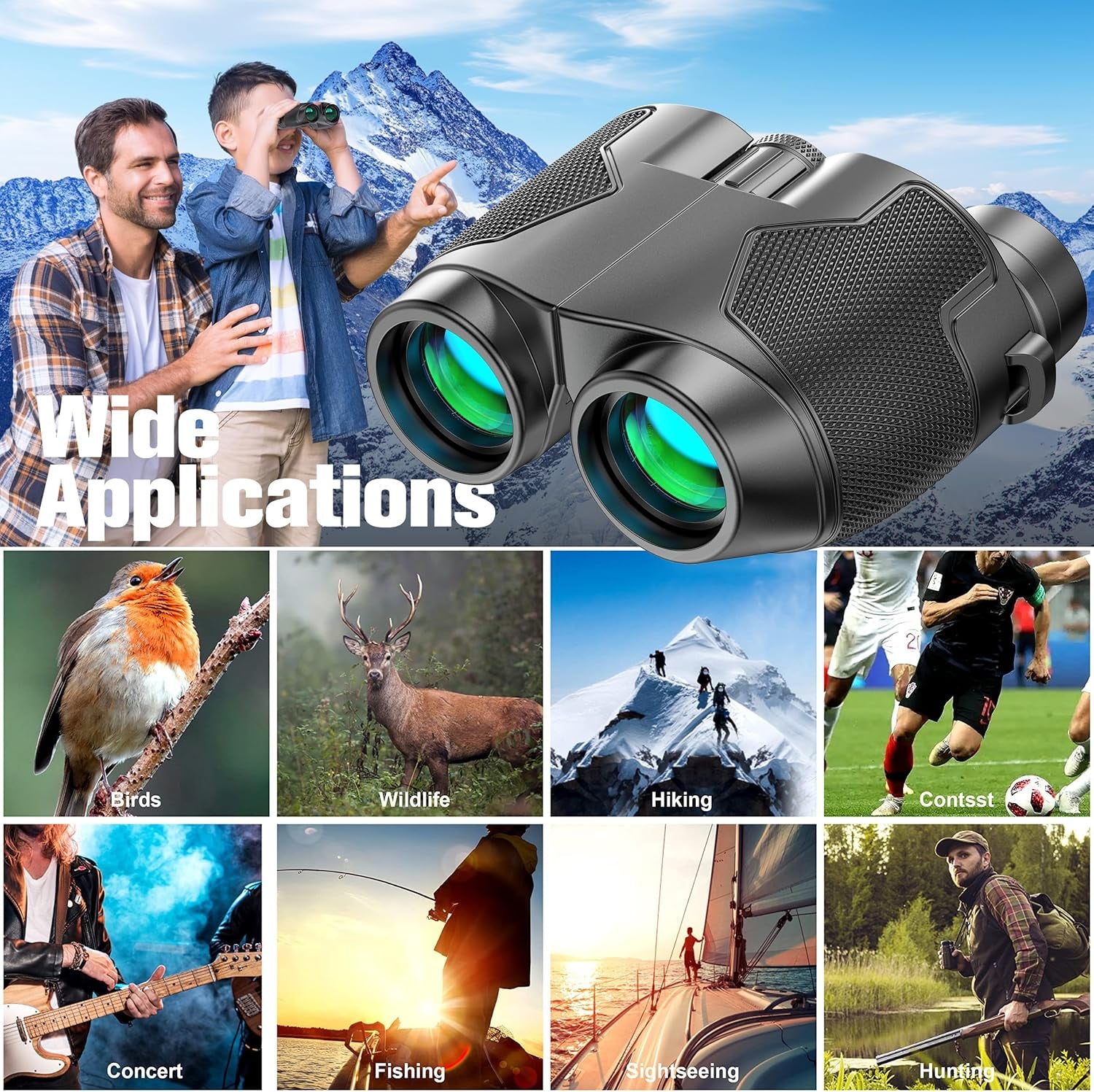 Binoculars 12X25 for Adults and Kids Night Vision Binoculars Compact Binocular Large Eyepiece Waterproof Binocular Wide Field of View for Bird Watching, Hiking, Hunting, Concert with Carrying Bag