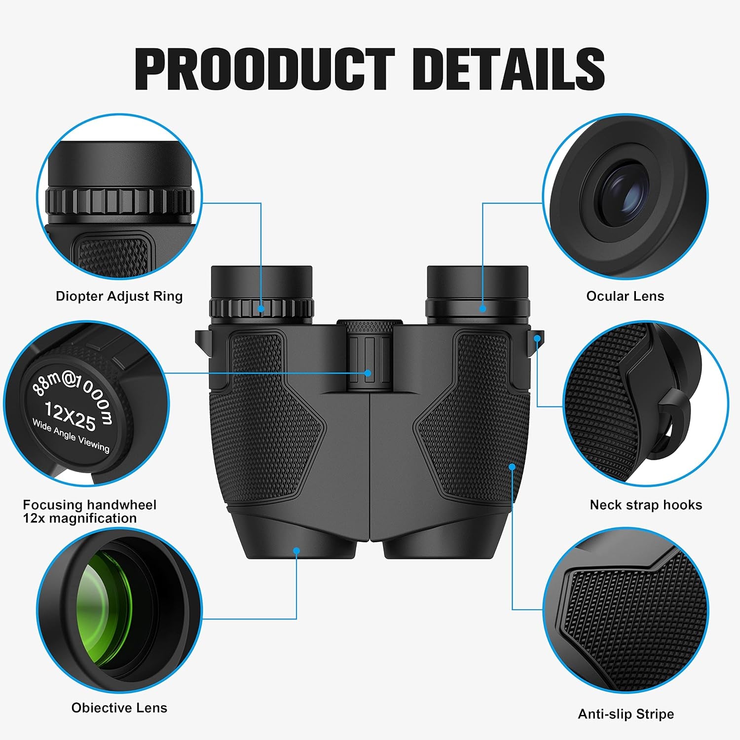 Binoculars 12X25 for Adults and Kids Night Vision Binoculars Compact Binocular Large Eyepiece Waterproof Binocular Wide Field of View for Bird Watching, Hiking, Hunting, Concert with Carrying Bag