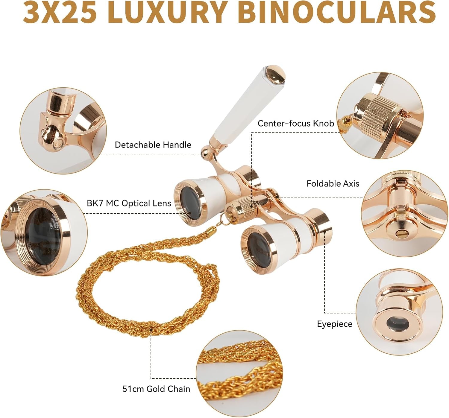 3X25 Opera Glasses for Women with Adjustable Handle & Chain,Bk9 Optical Lens, Vintage Compact Mini Theater Binoculars Adults Kids in Opera Musical Concert-White
