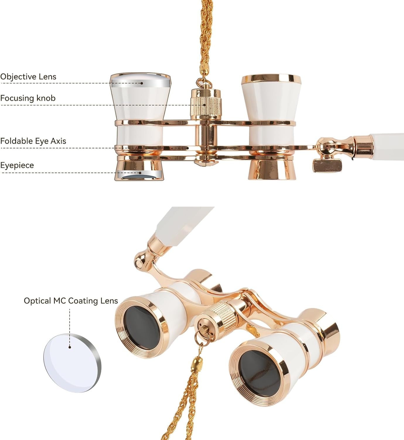 3X25 Opera Glasses for Women with Adjustable Handle & Chain,Bk9 Optical Lens, Vintage Compact Mini Theater Binoculars Adults Kids in Opera Musical Concert-White