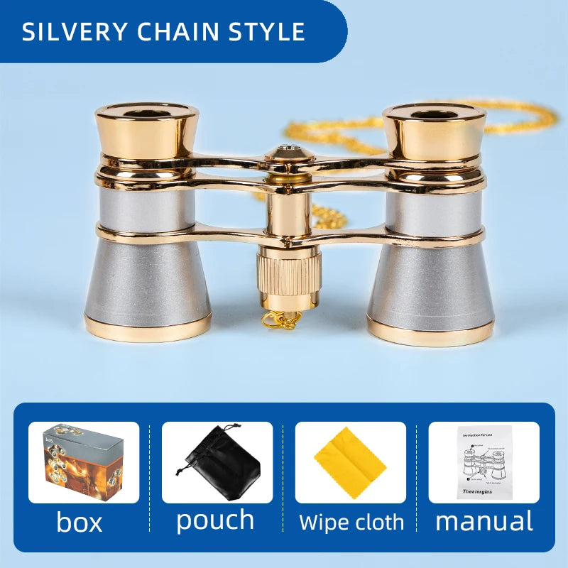 Portable Binoculars 3X25 Metal Opera Theater Glasses Mini Binocular Compact with Chain /Handle for Stage Concert Camping