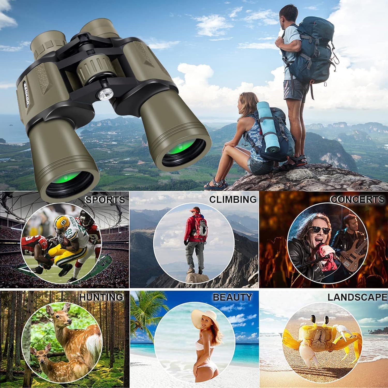 20X50 High Power Binoculars for Adults, HD Waterproof Binoculars with BAK4 Prism & FMC Lens,Portable Binocular Bird Watching Hunting Football Games Cruise with Carrying Bag,Strap,Phone Adapter-Green