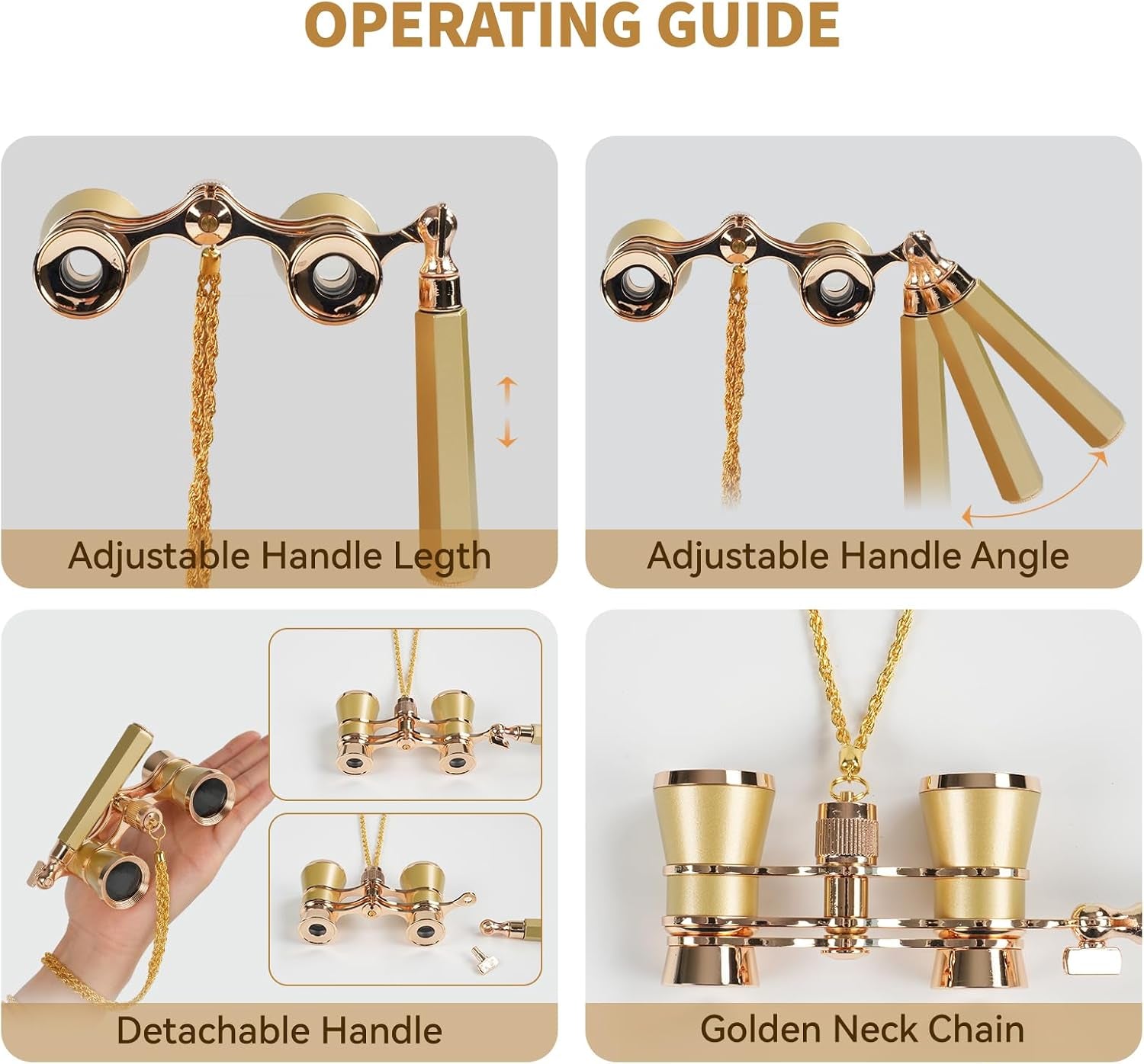 3X25 Opera Glasses for Women with Adjustable Handle & Chain,Bk9 Optical Lens, Vintage Compact Mini Theater Binoculars Adults Kids in Opera Musical Concert (Gold)