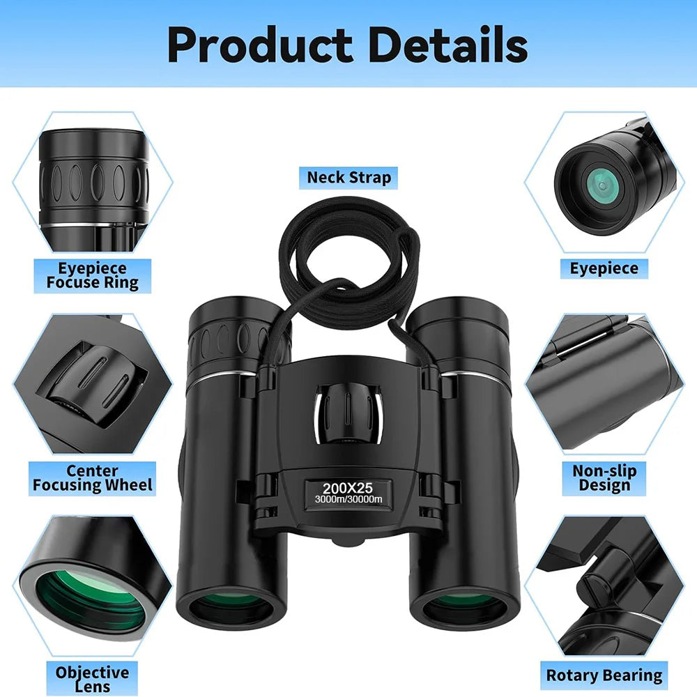 200X25 High Powered Mini Pocket Binoculars for Adults and Kids with Bak4 Prism Compact Binoculars Telescope for Hunting Concert
