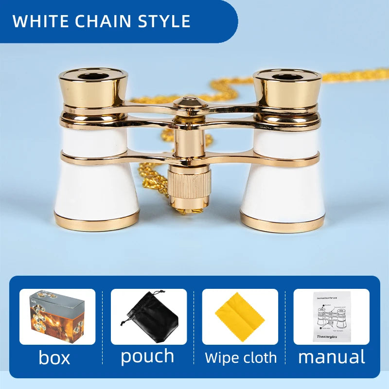 Portable Binoculars 3X25 Metal Opera Theater Glasses Mini Binocular Compact with Chain /Handle for Stage Concert Camping