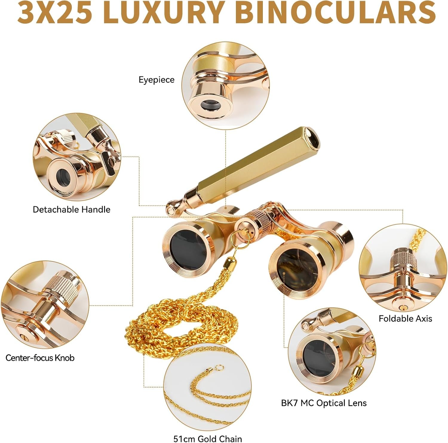 3X25 Opera Glasses for Women with Adjustable Handle & Chain,Bk9 Optical Lens, Vintage Compact Mini Theater Binoculars Adults Kids in Opera Musical Concert (Gold)