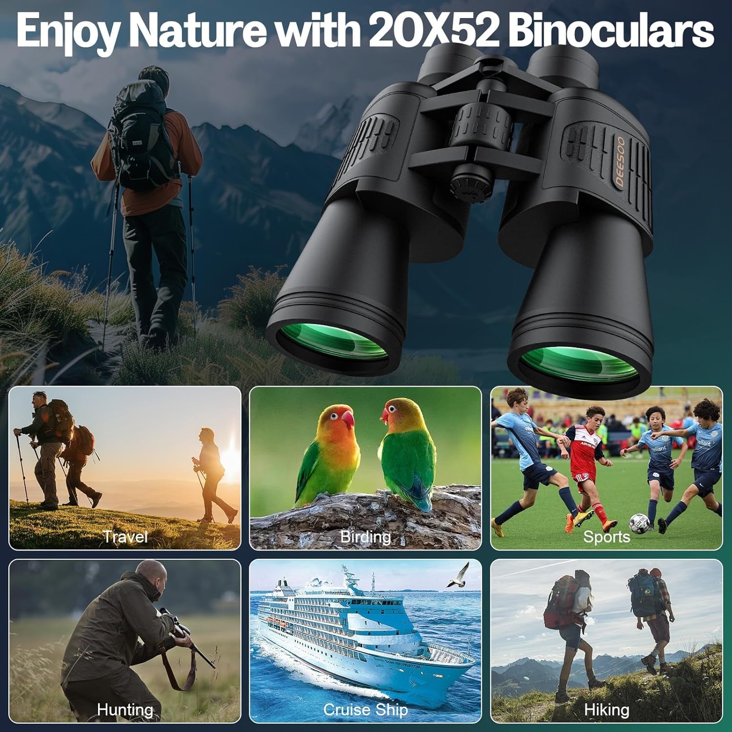 20X52 Binoculars for Adults High Powered - HD Large View Binoculars with Low Light Vision - Professional Binocular for Bird Watching Hunting Travel Cruise Outdoor Sports - Gifts for Men
