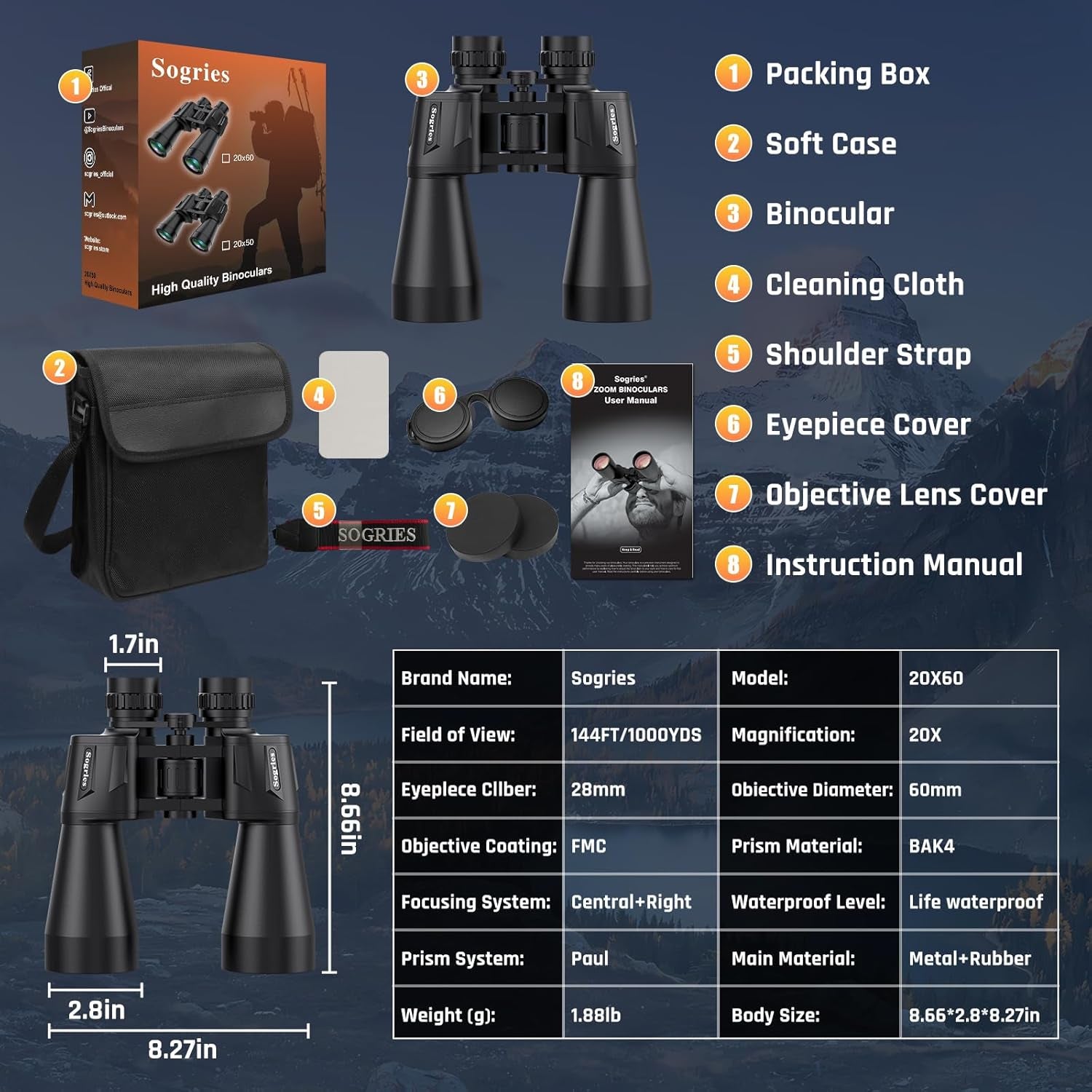 20X60 Binoculars for Adults High Powered Waterproof Fogproof | Powerful Binoculars for Bird Watching Low Light Vision Stargazing Hunting Cruise Ship Travel Long Range Astronomy Binoculars