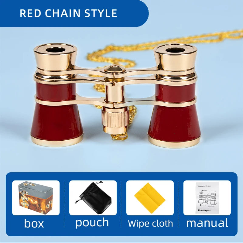 Portable Binoculars 3X25 Metal Opera Theater Glasses Mini Binocular Compact with Chain /Handle for Stage Concert Camping