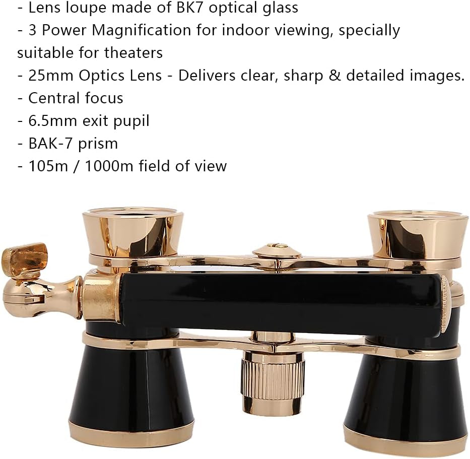 Opera Binoculars Theater Glasses Opera Glasses Binoculars 3X25 Magnification BK7 Optical Glass Lens Central Focus with Handle for Adults Kids Women in Concerts Theaters (Black)