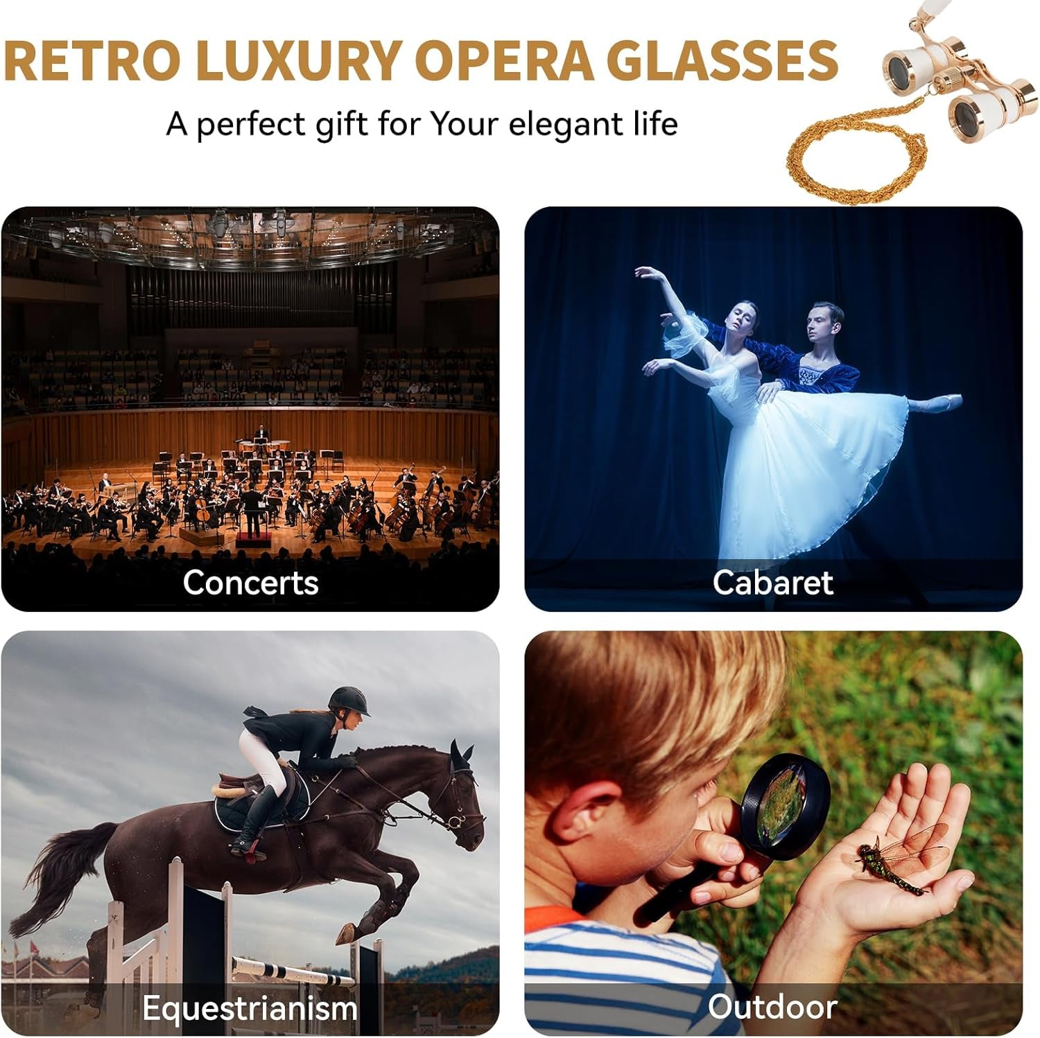 3X25 Opera Glasses for Women with Adjustable Handle & Chain,Bk9 Optical Lens, Vintage Compact Mini Theater Binoculars Adults Kids in Opera Musical Concert-White