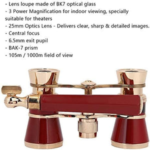 Opera Binoculars Theater Glasses Opera Glasses Binoculars 3X25 Magnification BK7 Optical Glass Lens Central Focus with Handle for Adults Kids Women in Concerts Theaters (Red)