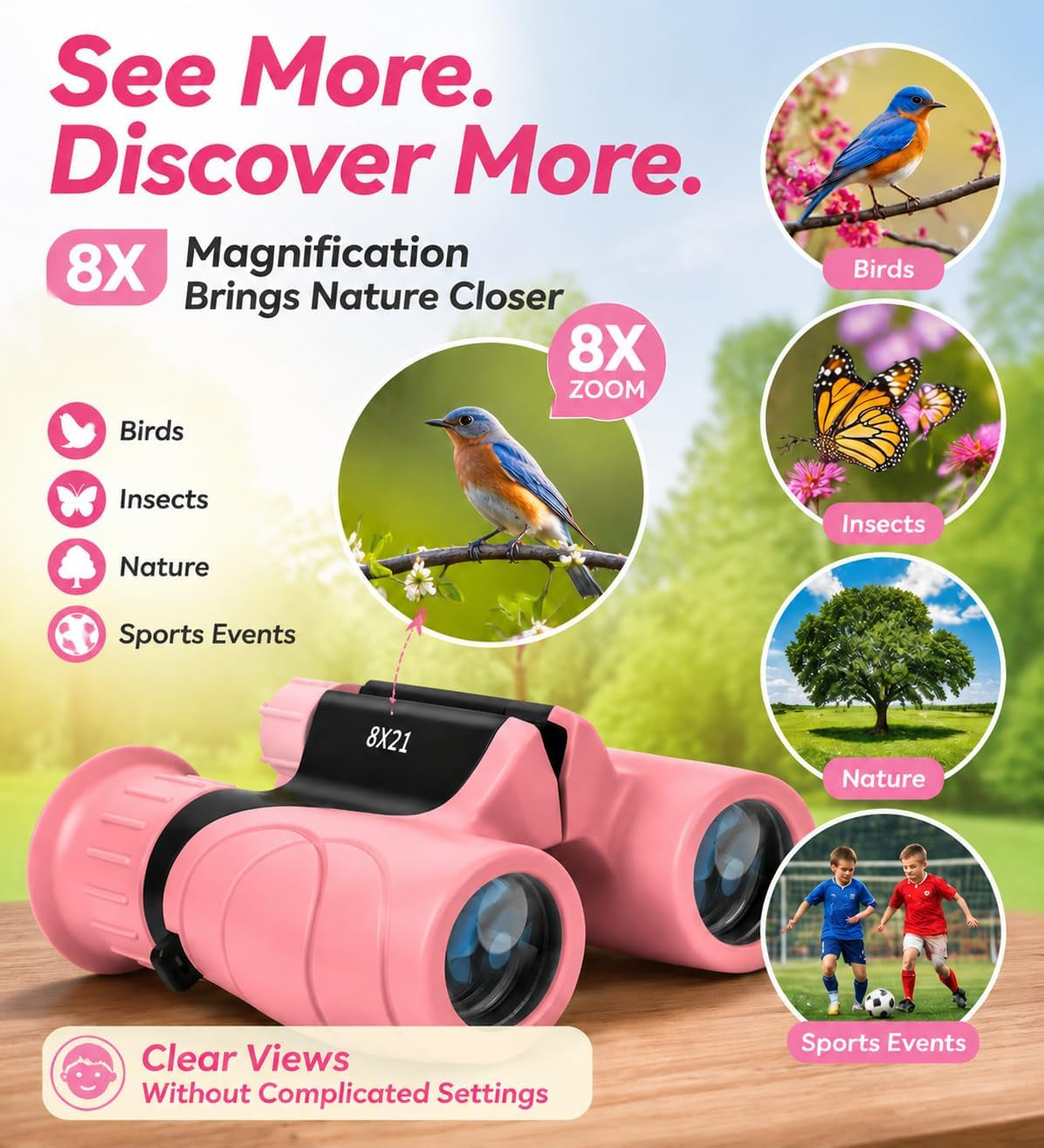 Kids Binoculars,Shockproof 8 X 21 High Resolution Compact Kids Binoculars Real for Boys and Girls,Perfect for Bird Watching, Hiking,Camping,Travel, Christmas Birthday Gift