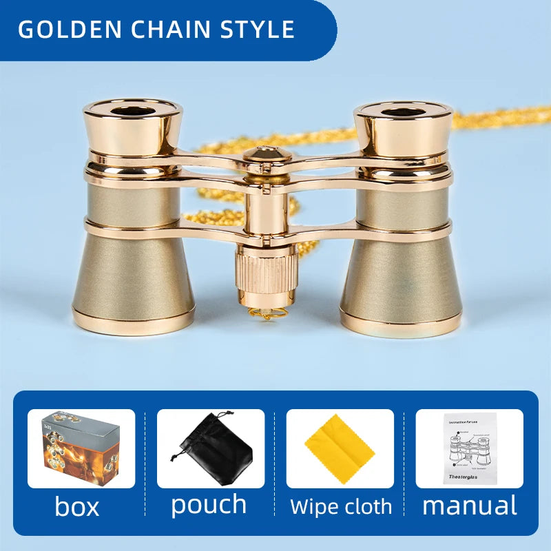 Portable Binoculars 3X25 Metal Opera Theater Glasses Mini Binocular Compact with Chain /Handle for Stage Concert Camping