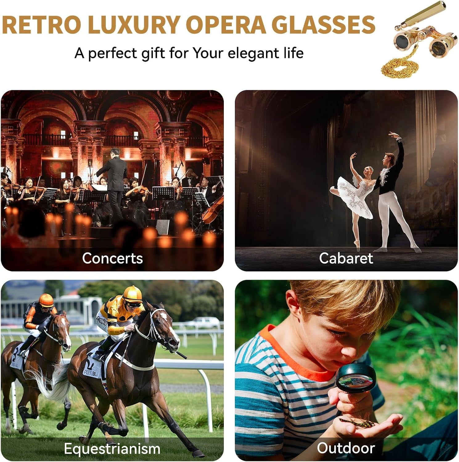 3X25 Opera Glasses for Women with Adjustable Handle & Chain,Bk9 Optical Lens, Vintage Compact Mini Theater Binoculars Adults Kids in Opera Musical Concert (Gold)