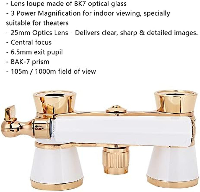 Opera Binoculars Theater Glasses Opera Glasses Binoculars 3X25 Magnification BK7 Optical Glass Lens Central Focus with Handle for Adults Kids Women in Concerts Theaters (White)