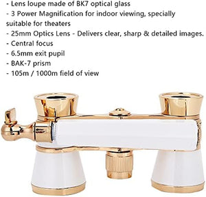 Opera Binoculars Theater Glasses Opera Glasses Binoculars 3X25 Magnification BK7 Optical Glass Lens Central Focus with Handle for Adults Kids Women in Concerts Theaters (White)