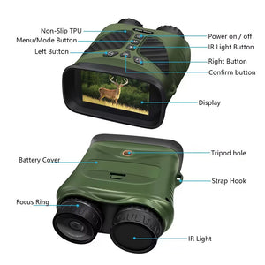HD Digital Night Vision Binoculars - 10x Optical Zoom, IR, 300m Range, 3.0" IPS Screen, USB Charger + Strap, Green/Black