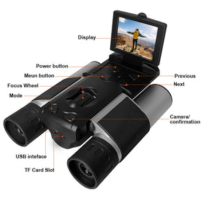 Digital Camera Binoculars - 8x HD Zoom, Flip-up LCD Screen, Starlight Night Vision, USB Charger + Strap, Black
