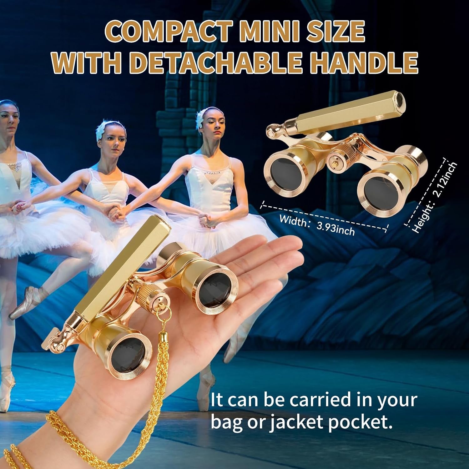 3X25 Opera Glasses for Women with Adjustable Handle & Chain,Bk9 Optical Lens, Vintage Compact Mini Theater Binoculars Adults Kids in Opera Musical Concert (Gold)