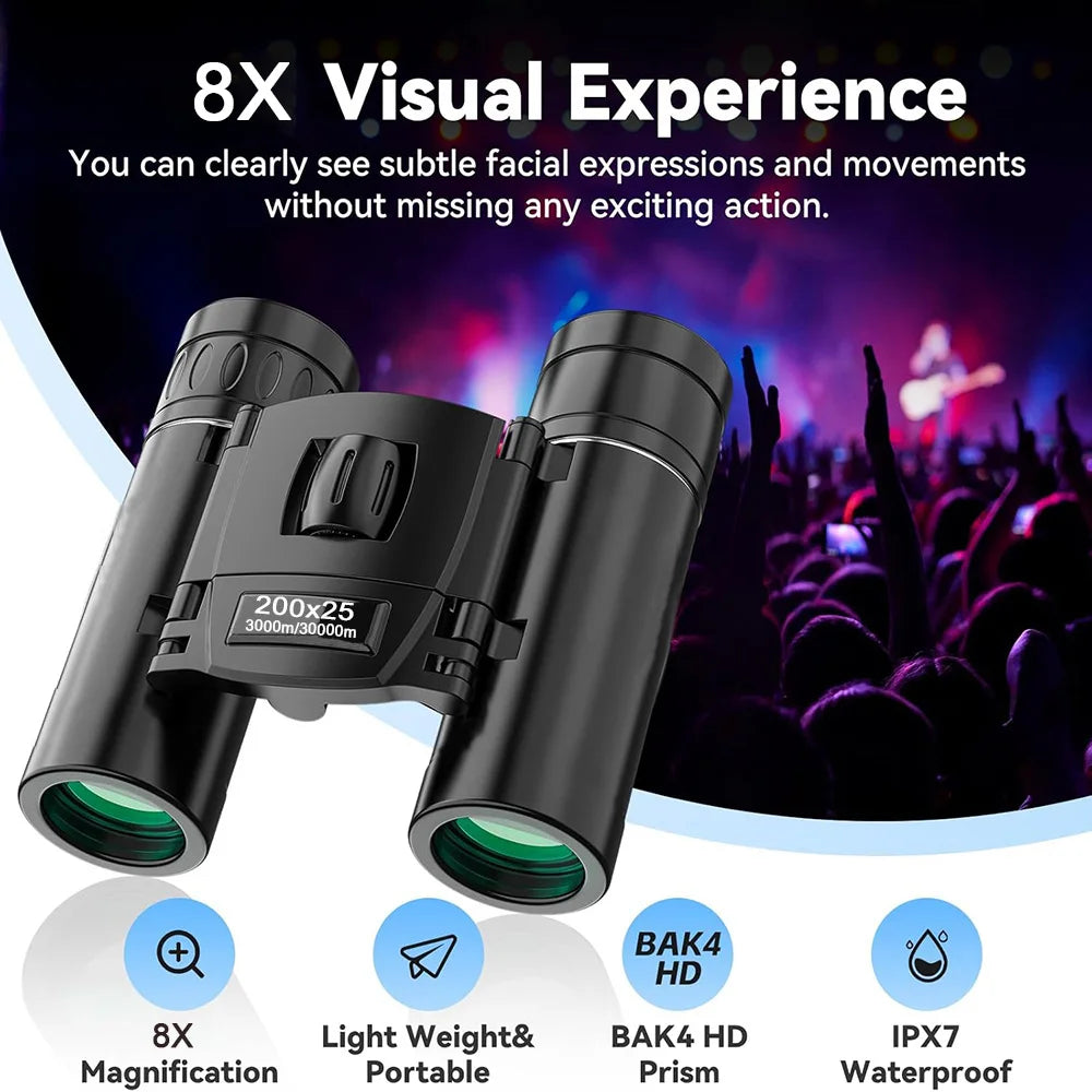 200X25 High Powered Mini Pocket Binoculars for Adults and Kids with Bak4 Prism Compact Binoculars Telescope for Hunting Concert
