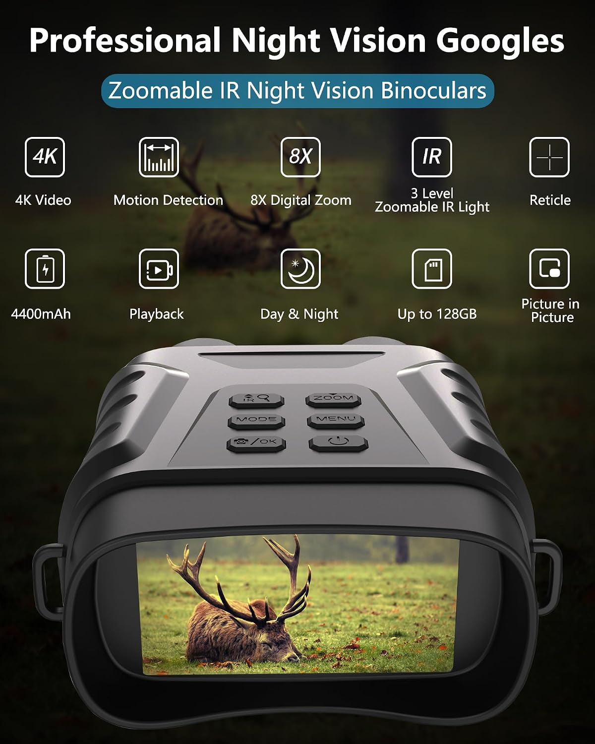 Ultimate 4K Night Vision Goggles - 8X Digital Zoom Binoculars with 3" Screen & Adjustable IR Light for Camping & Hunting, 200M Range, 32GB Storage