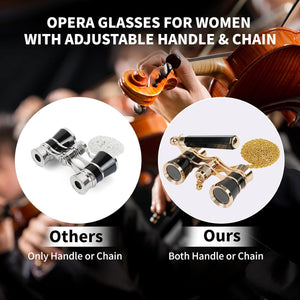 3X25 Opera Glasses Binoculars Compact with Adjustable Handle & Chain, Portable Vintage Theater Glasses Mini Binoculars for Adults Women Kids for Music Concerts Opera Houses Cinema（Black）