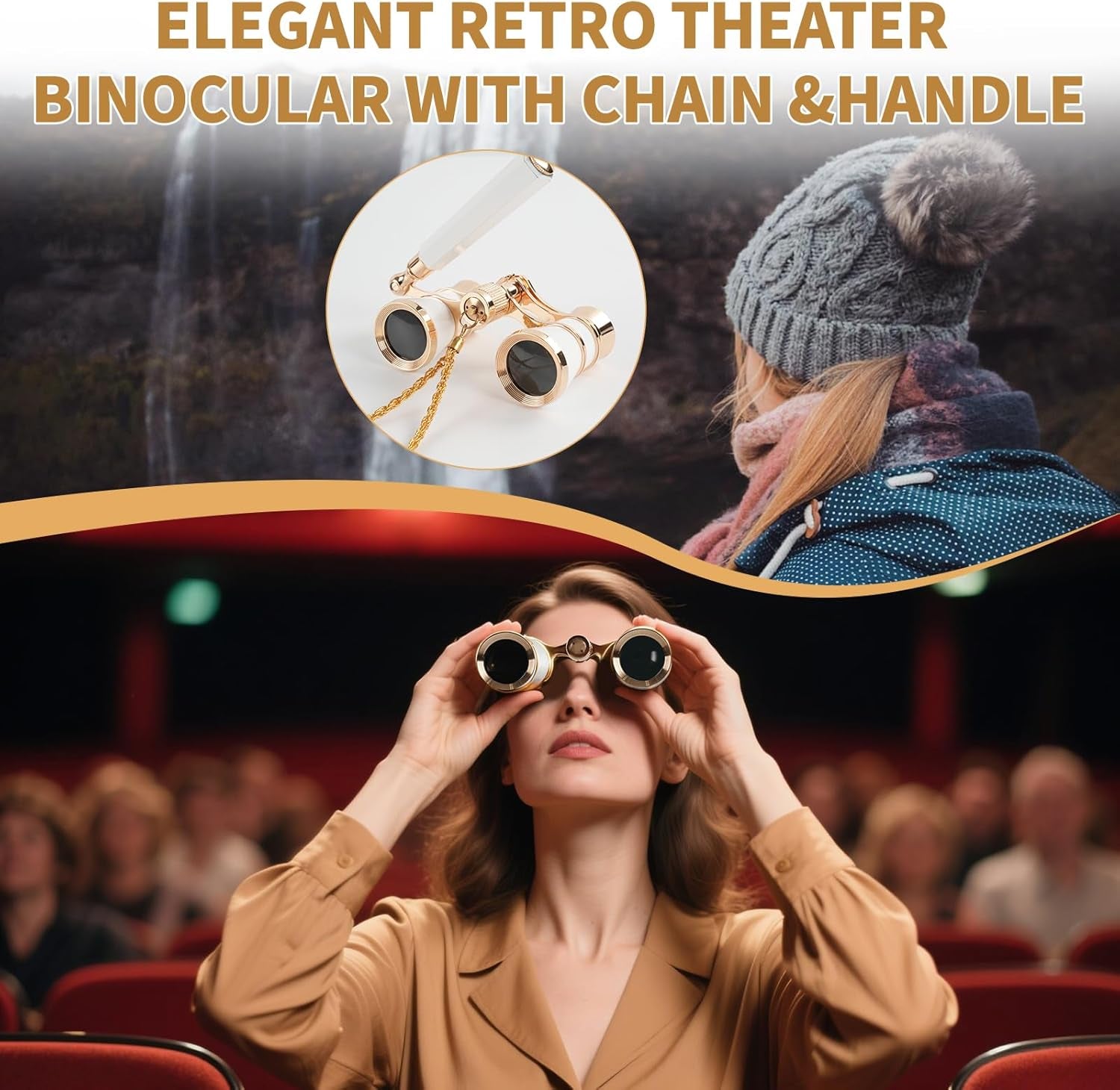 3X25 Opera Glasses for Women with Adjustable Handle & Chain,Bk9 Optical Lens, Vintage Compact Mini Theater Binoculars Adults Kids in Opera Musical Concert-White