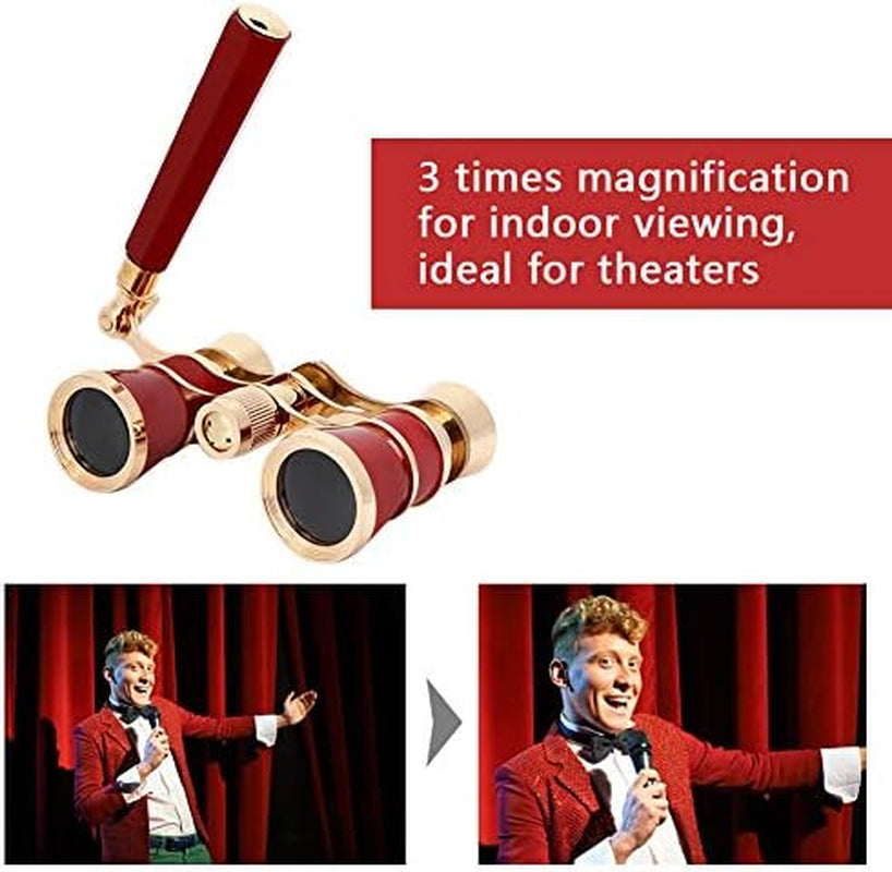 Opera Binoculars Theater Glasses Opera Glasses Binoculars 3X25 Magnification BK7 Optical Glass Lens Central Focus with Handle for Adults Kids Women in Concerts Theaters (Red)