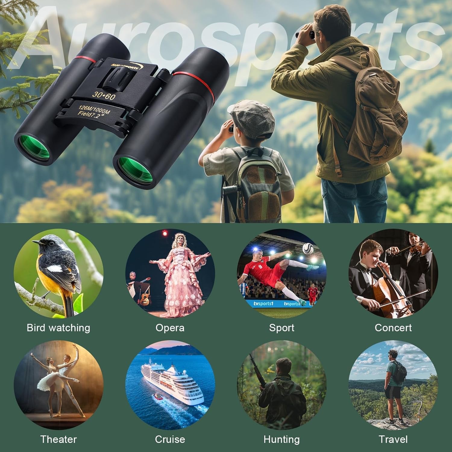 30X60 Folding Binoculars Telescope with Low Light Night Vision for Outdoor Birding, Travelling, Sightseeing, Hunting, Etc