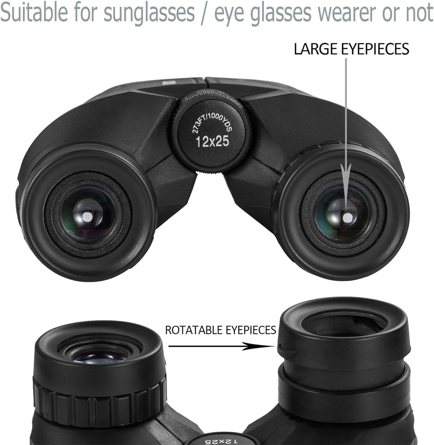 12X25 Compact Binoculars with Clear Low Light Vision, Large Eyepiece Waterproof Binocular for Adults Kids,High Power Easy Focus Binoculars for Bird Watching,Outdoor Hunting,Travel,Sightseeing