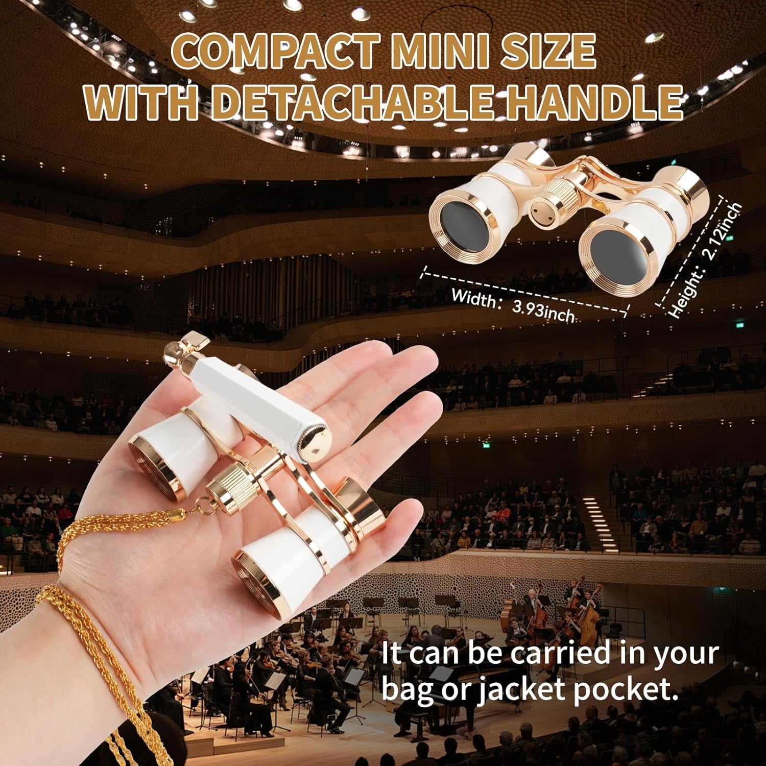 3X25 Opera Glasses for Women with Adjustable Handle & Chain,Bk9 Optical Lens, Vintage Compact Mini Theater Binoculars Adults Kids in Opera Musical Concert-White
